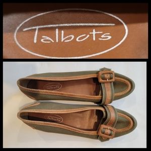 Talbots green canvas tan leather loafers 8
